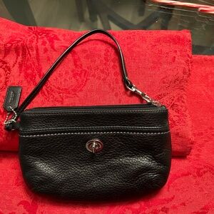 Coach Black Leather Wristlet with Silver Accents